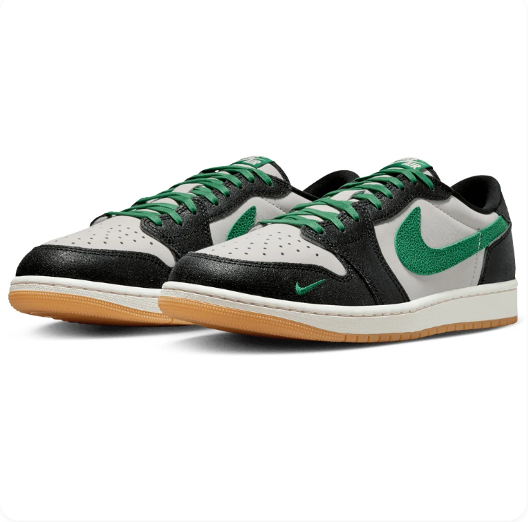 Air Jordan 1 Low-Top Sneakers – Black, White & Green with Gum Outsole