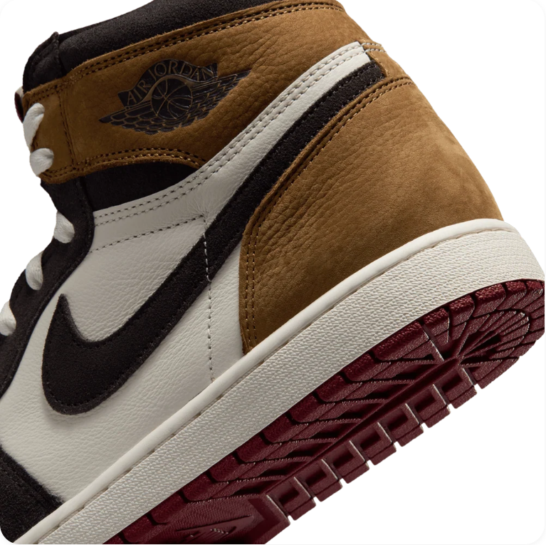 Air Jordan 1 High-Top Sneakers – Brown, Black & White with Burgundy Outsole