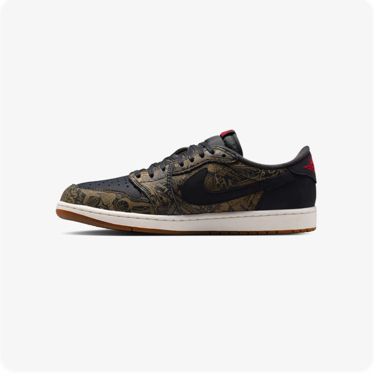 Air Jordan 1 Low-Top Sneakers – Black & Olive Pattern with Gum Outsole