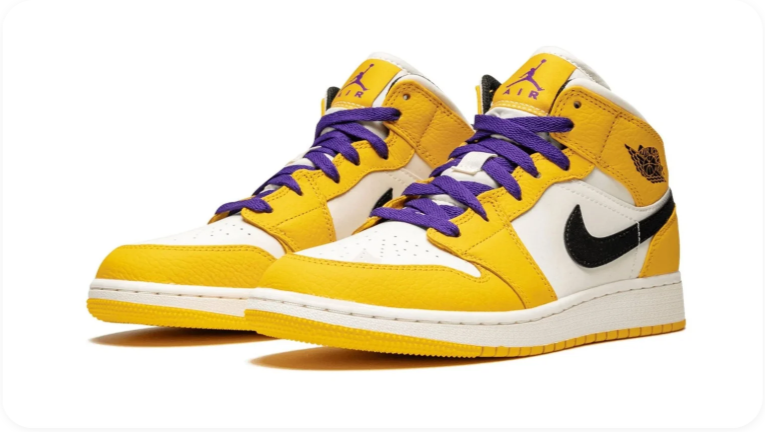 Air Jordan 1 Mid Sneakers – Yellow & White with Purple Laces