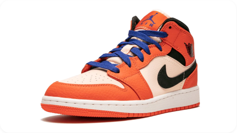 Air Jordan 1 Mid Sneakers – Orange, Cream & Black with Blue Laces