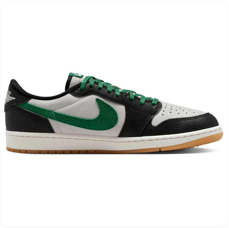 Air Jordan 1 Low-Top Sneakers – Black, White & Green with Gum Outsole