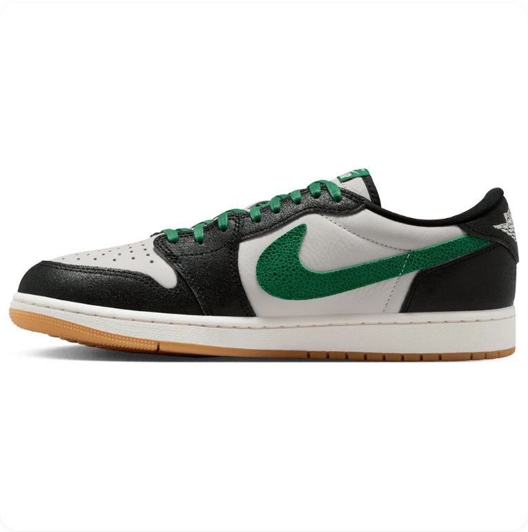 Air Jordan 1 Low-Top Sneakers – Black, White & Green with Gum Outsole