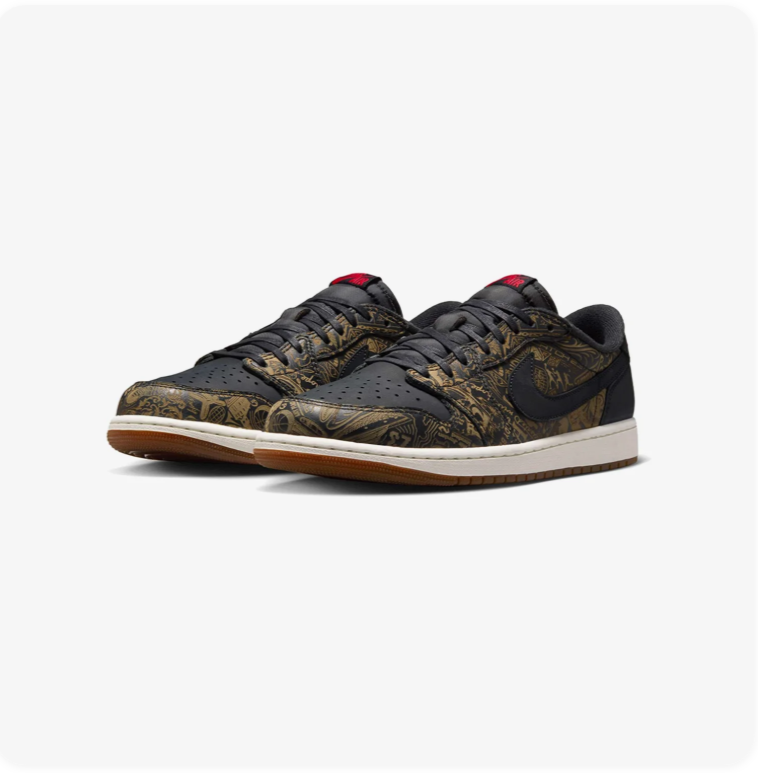 Air Jordan 1 Low-Top Sneakers – Black & Olive Pattern with Gum Outsole