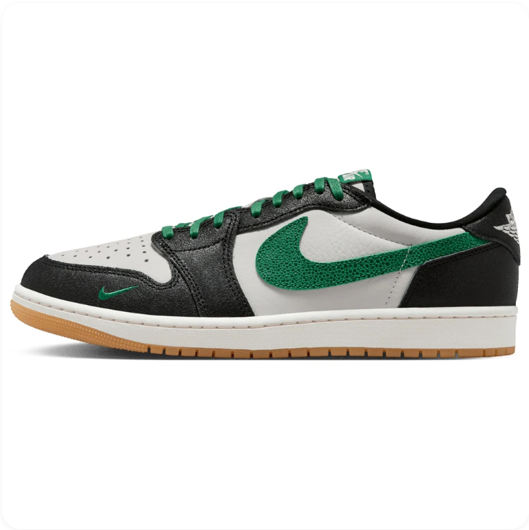 Air Jordan 1 Low-Top Sneakers – Black, White & Green with Gum Outsole
