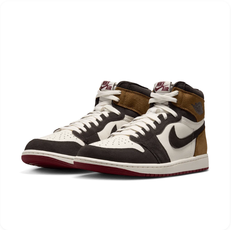 Air Jordan 1 High-Top Sneakers – Brown, Black & White with Burgundy Outsole