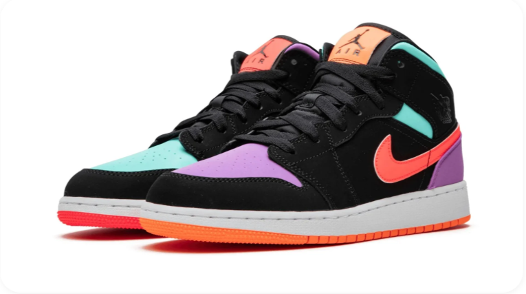 Air Jordan 1 Mid Sneakers – Black, Purple, Mint & Coral