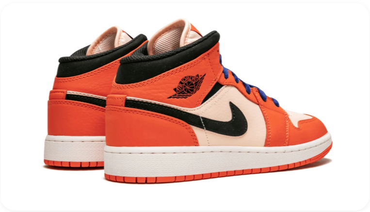 Air Jordan 1 Mid Sneakers – Orange, Cream & Black with Blue Laces