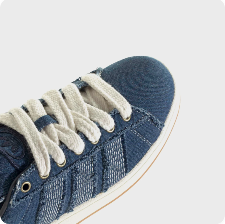 Blue Denim-Look Low-Top Sneakers – Frayed Stripes & Cream Sole