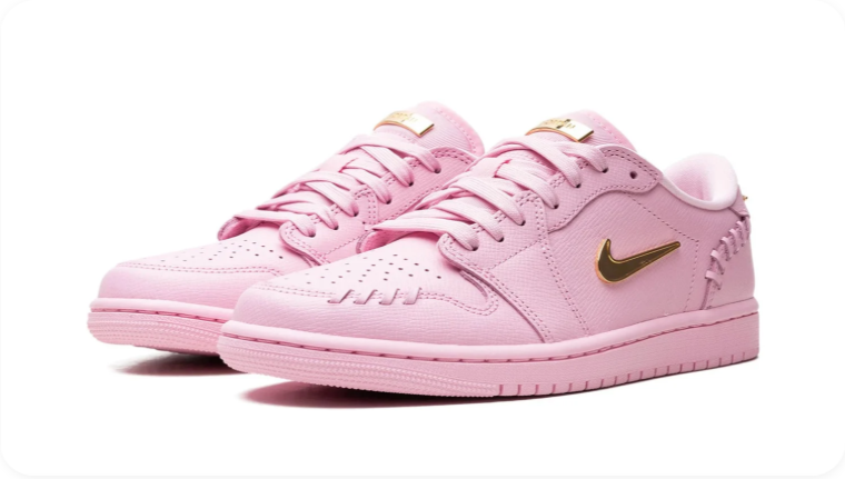 Air Jordan 1 Low Sneakers – Pink with Metallic Gold Swoosh