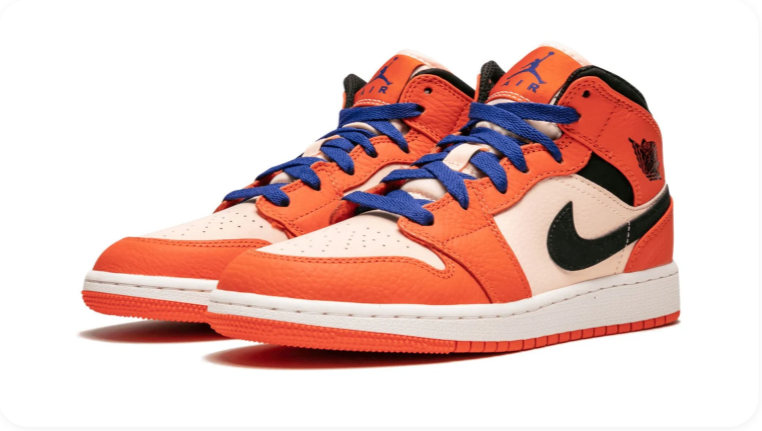 Air Jordan 1 Mid Sneakers – Orange, Cream & Black with Blue Laces