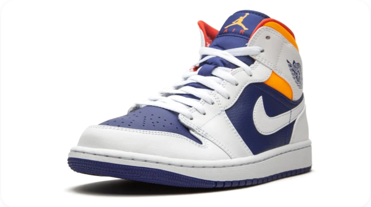 Air Jordan 1 Mid Sneakers – White, Navy & Orange