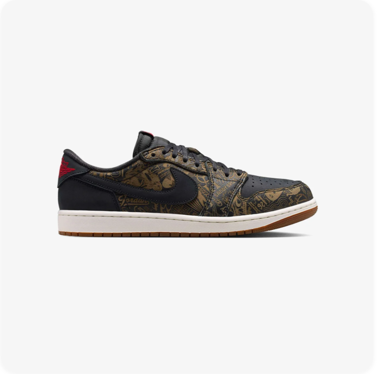 Air Jordan 1 Low-Top Sneakers – Black & Olive Pattern with Gum Outsole