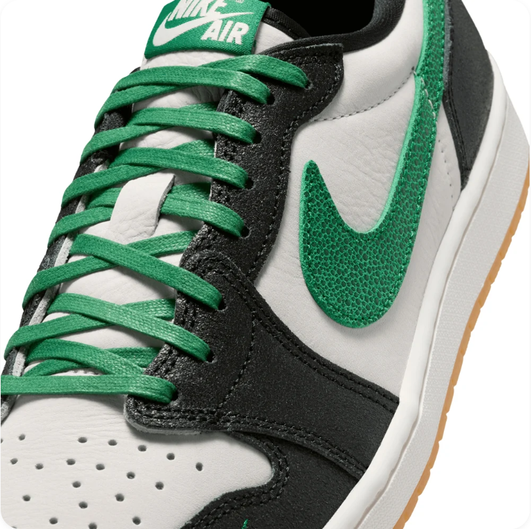 Air Jordan 1 Low-Top Sneakers – Black, White & Green with Gum Outsole