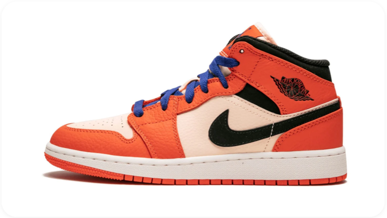 Air Jordan 1 Mid Sneakers – Orange, Cream & Black with Blue Laces
