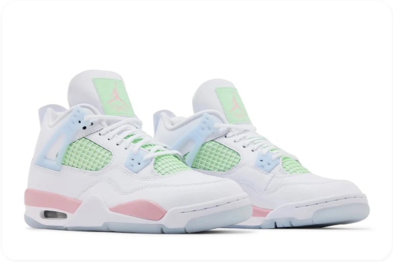Air Jordan 4 Sneakers – White with Pastel Pink, Blue & Mint Accents